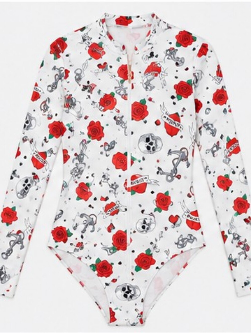 AS ROSE RICH RASH GUARD SWIMSUIT Roses & Skull White Long-Sleeve SIZE Medium NWT - Picture 3 of 6